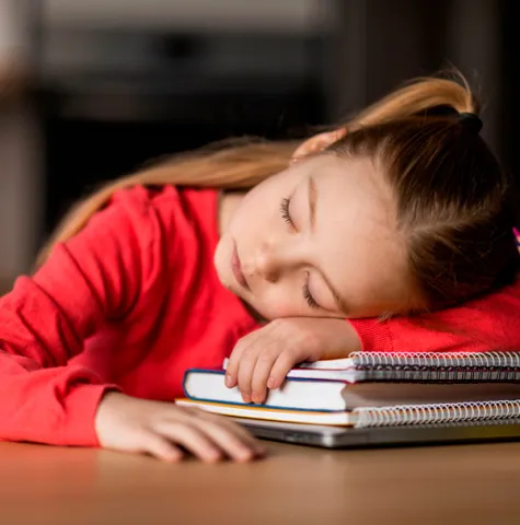 Niña dormida sobre libros.